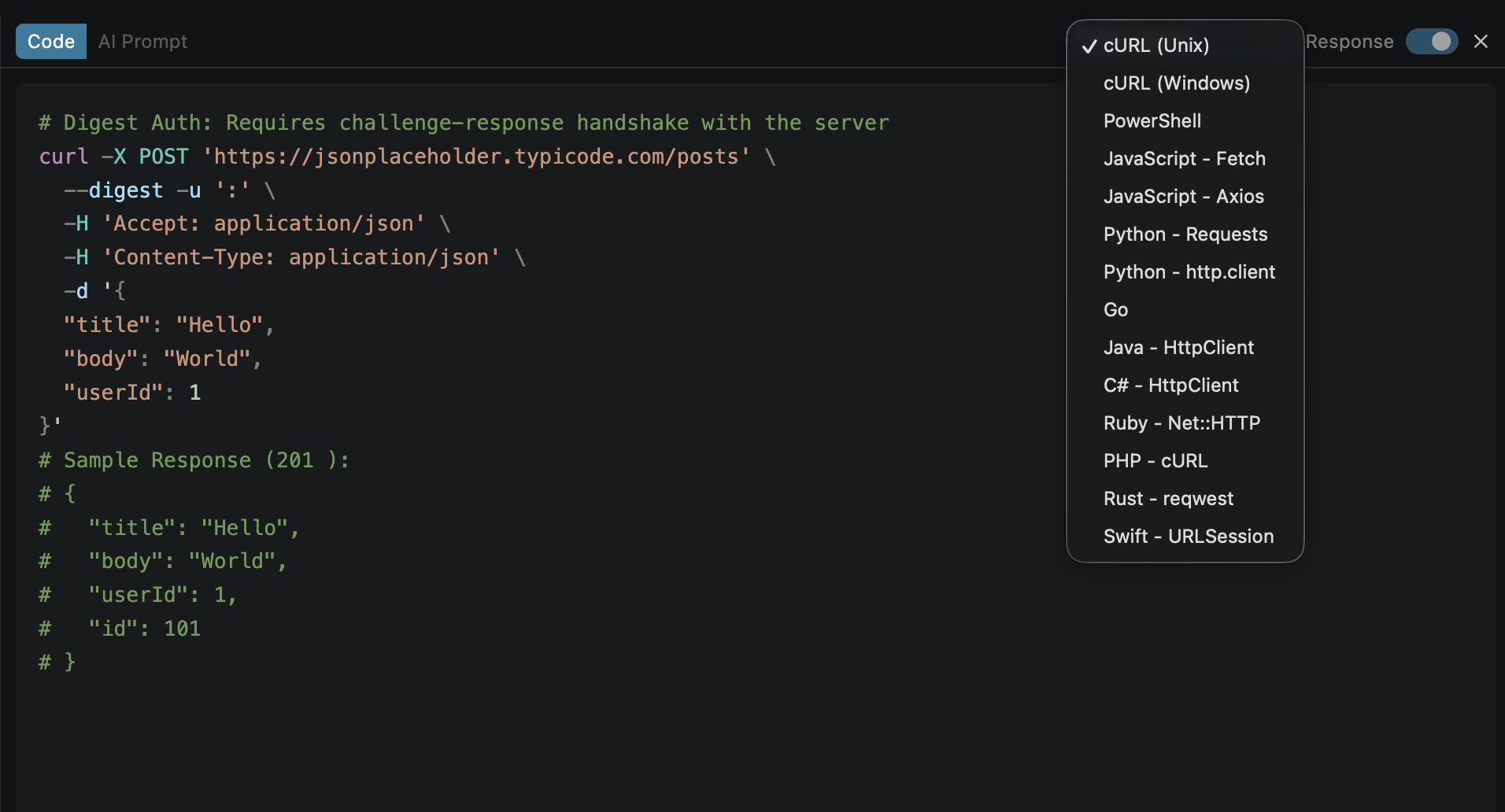Code export panel with language dropdown showing all 15 options